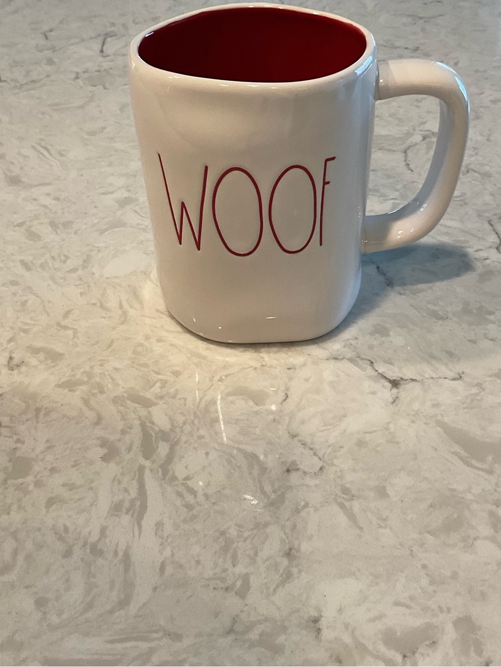 Magenta Rae Dunn Artisan Collection Mug Red “WOOF” Lettering & Mug Interior